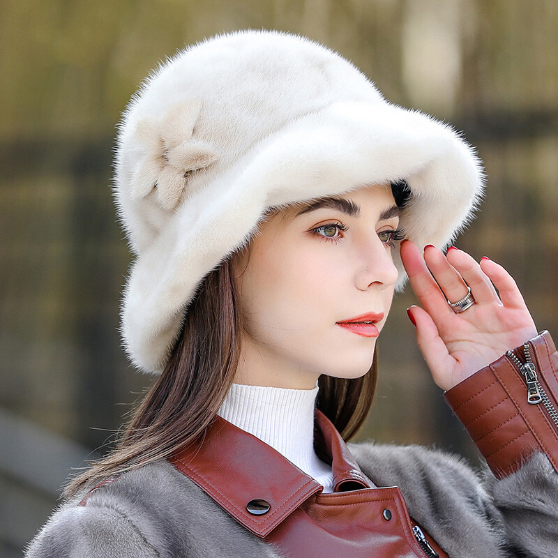Women Real Whole Full Mink Fur Hat Top Hat Bowler Hat Warm Bucket Hat Luxury Cap