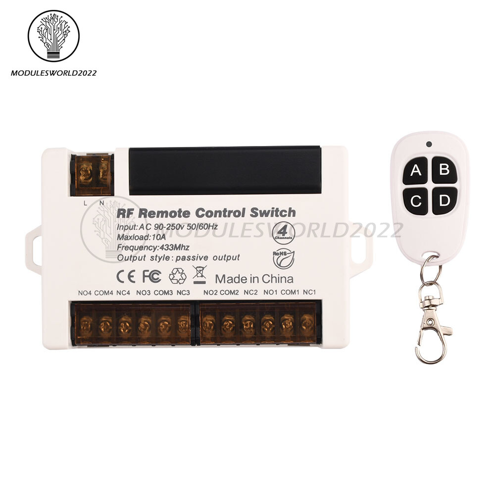 4 Channels Wireless Relay Remote Control Switch Receiver 433Mhz RF 10A Relay US