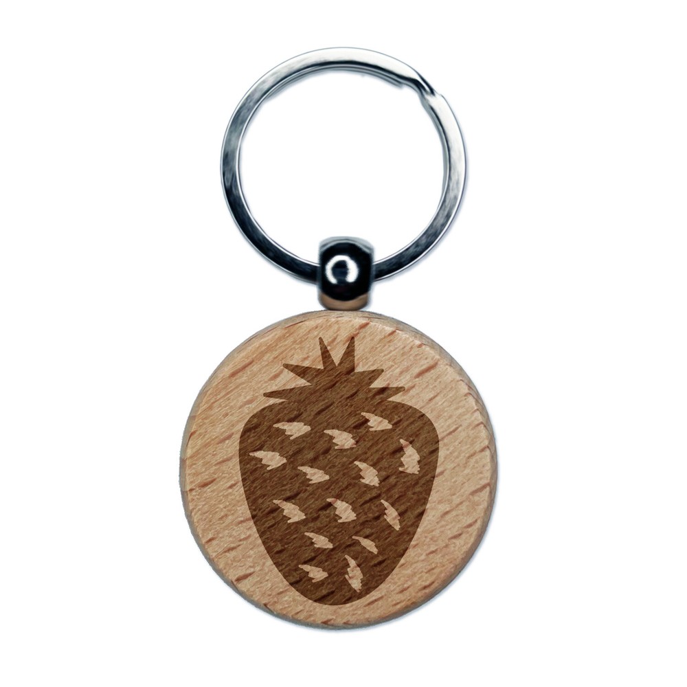 Strawberry Fruit Doodle Engraved Wood Round Keychain Tag Charm