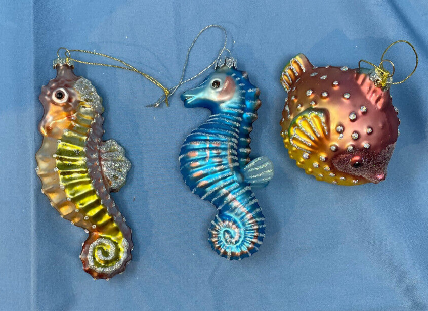3 Under The Sea Christmas Ornaments Mercury Glass Sea Horse & Blow Fish