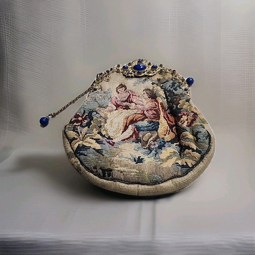 Tapestry 1930's Blue Glass Beads Purse. Missing Tiny Bead. See Last Picture