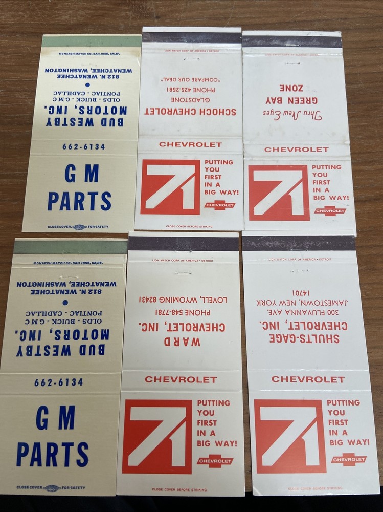 Chevrolet & GM Parts Vintage Matchbooks No Matches MI, WY, WI, NY & WA