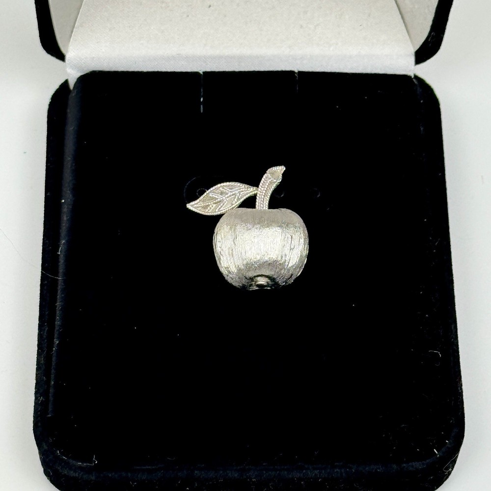 Vintage 1950s Trifari Crown Apple Brooch Silver Tone Textured Lapel Pin 1 Inch