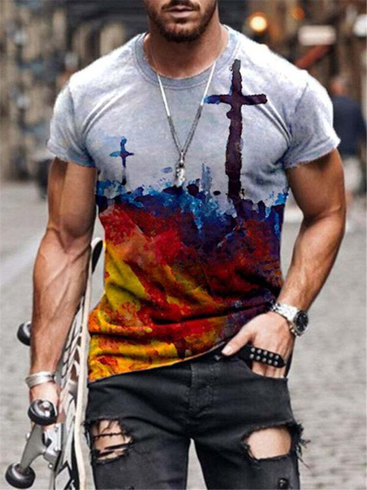 Cross Print Round Neck Short Sleeves Men Casual T-shirt