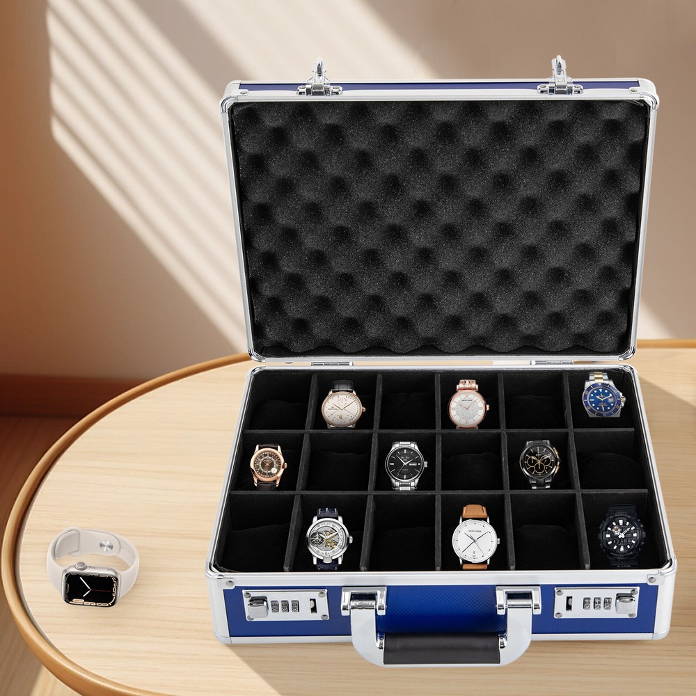 18-slot blue watch display case with jewelry and ring organizer
