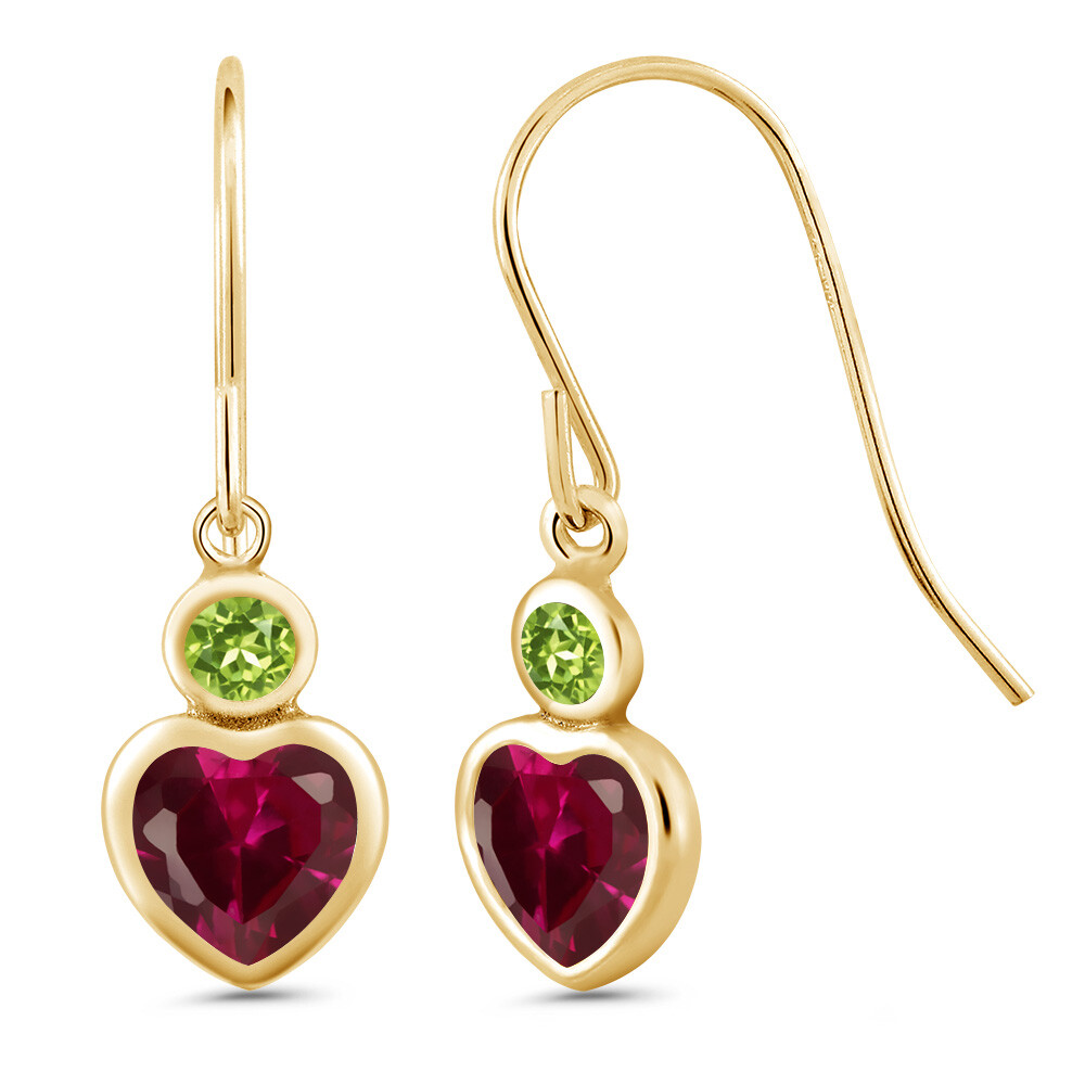 14K Yellow Gold Created Ruby and Peridot Drop French Wire Earrings For Women