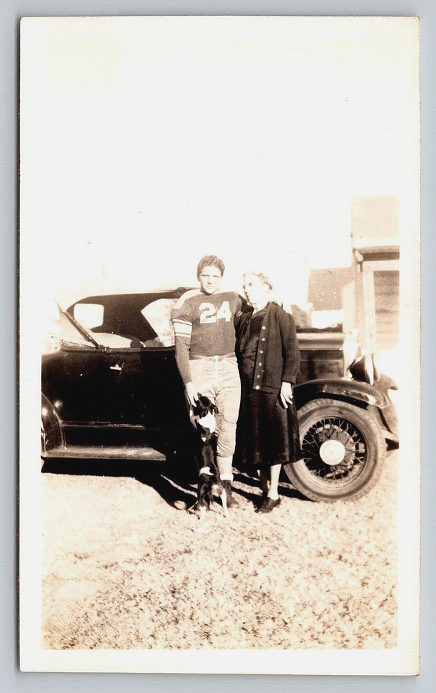 Vintage Antique Photo Car Football Player Boy Lady Woman Puppy Dog