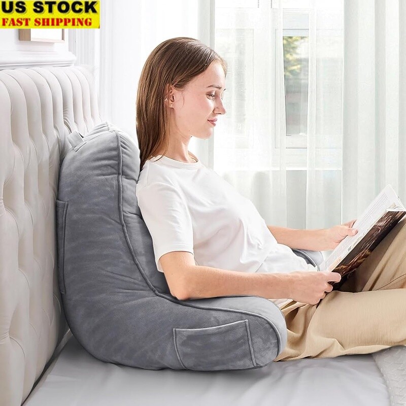 Extra-Large Reading Pillow with Armrests Quilted Cover Side Pockets Bed Back Support