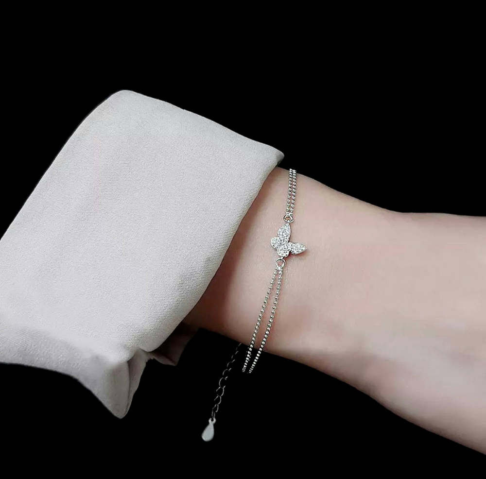925 Sterling Silver Butterfly Charm Bracelet with Beaded Layers  