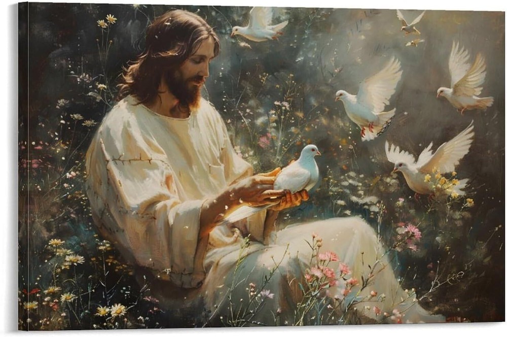 Canvas Wall Art Jesus Among Flowers Saving White Dove Religious Painting Christ