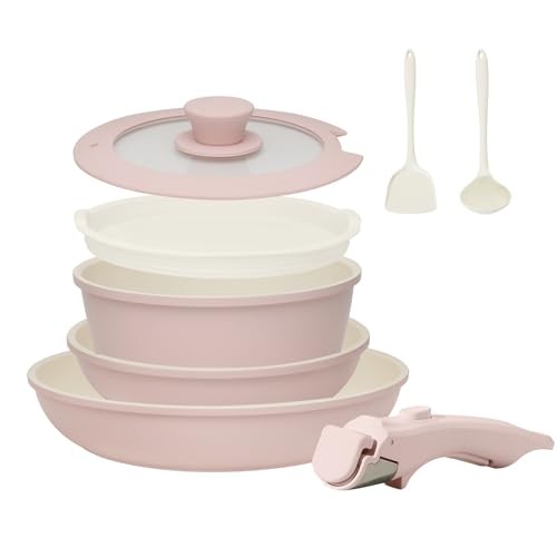 8PCS Pink Nonstick Ceramic Cookware Set with Removable Handles