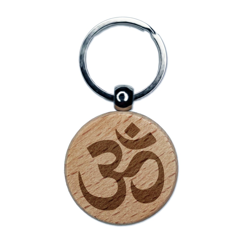 Sacred Om Aum Symbol Engraved Wooden Round Keychain for Yoga Hinduism Buddhism Jainism