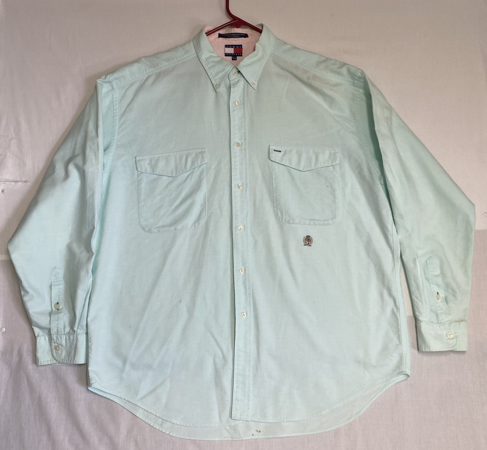 Tommy Hilfiger Men’s Distressed Mint Green Chambray Button-Down Shirt XL