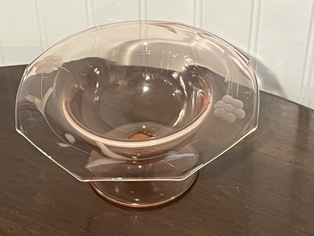 Vintage Pink Depression Glass Floral Etched Footed Candy Dish with Rolled Edges