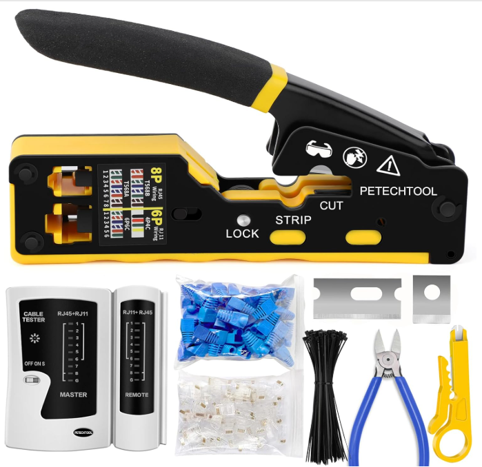RJ45 Crimp Tool Kit with Cat6 Cat5e Crimper Tester Connectors Stripper Cable Ties
