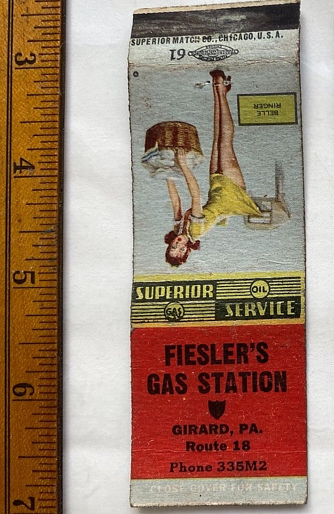 1940s Fieslers Gas Station Vintage Pin-Up Matchbook Girard PA