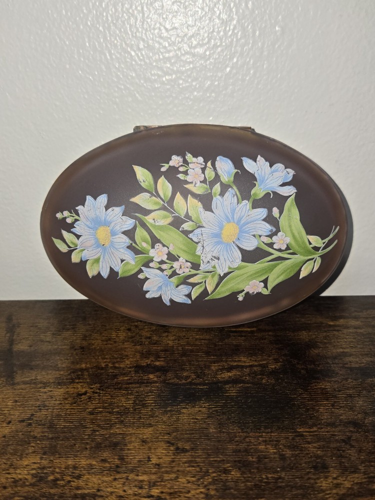 Antique Hand Painted Oval Purple  Frosted Glass Floral Trinket Dresser Box