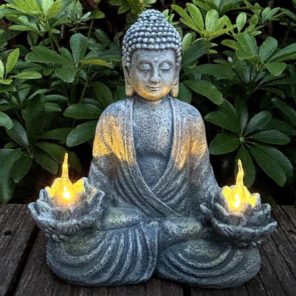 Solar-Powered LED Buddha Statue for Home & Garden Decor with Flickering Light