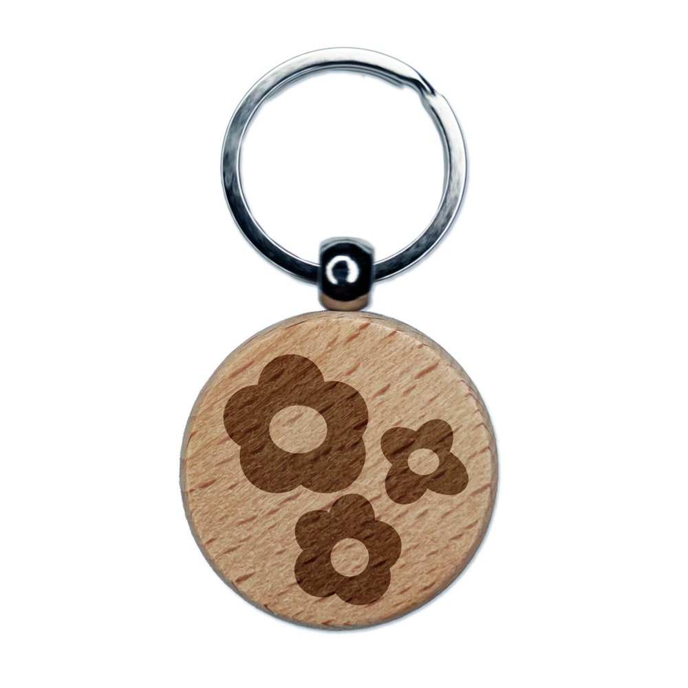 Flower Trio Engraved Wood Round Keychain Tag Charm
