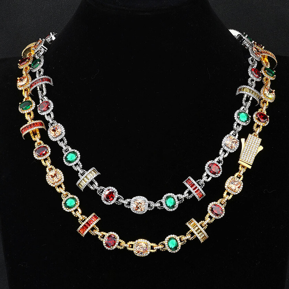 Custom Tennis Chain Necklace & Bracelet Set with Colorful Gemstones for Men & Women