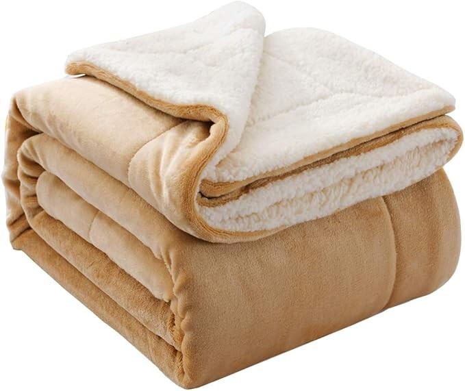 NANPIPER Reversible Sherpa Flannel Blanket - Beige