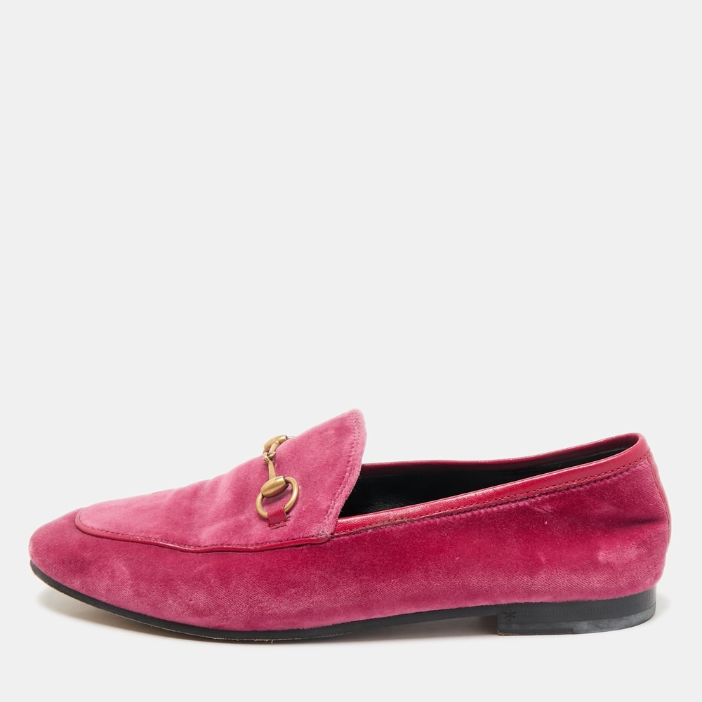 Gucci Pink Velvet Jordaan Horsebit Slip On Loafers Size 38