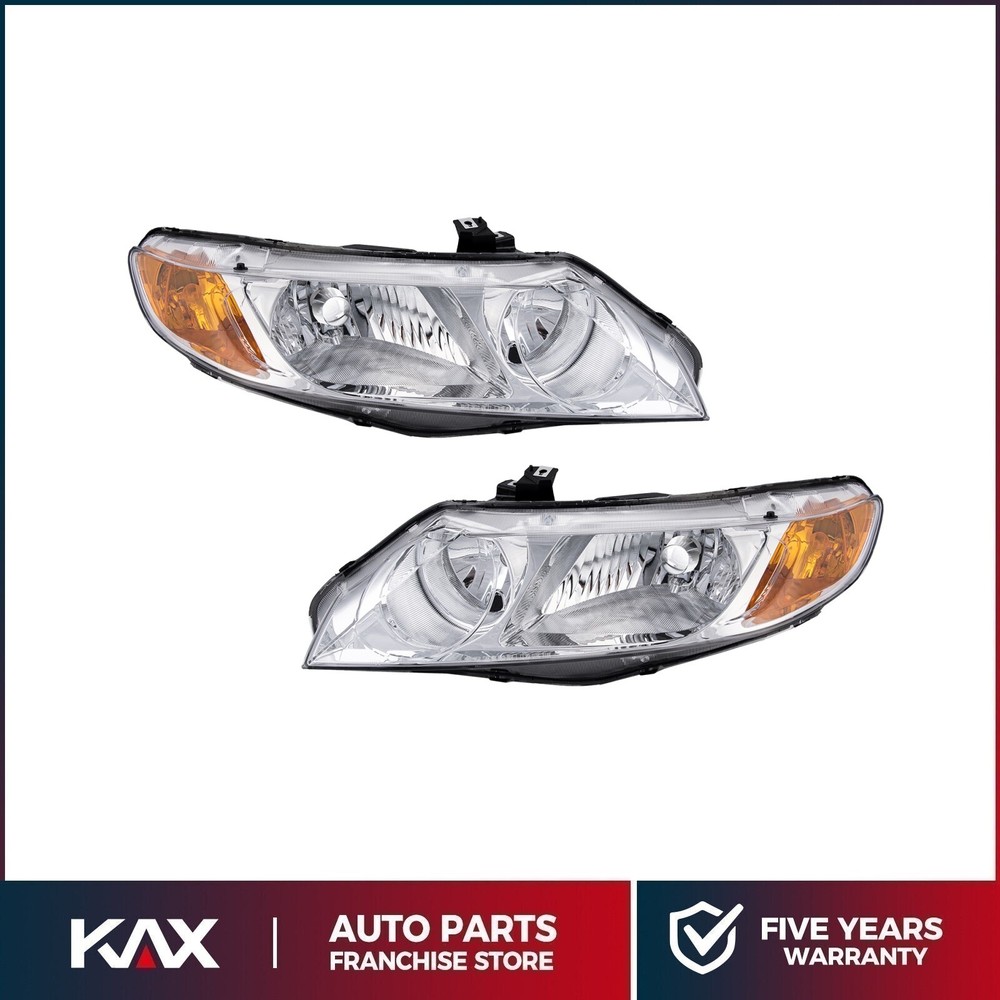Headlights For 2006-2011 Honda Civic 4Dr Sedan Chrome Housing Amber Corner