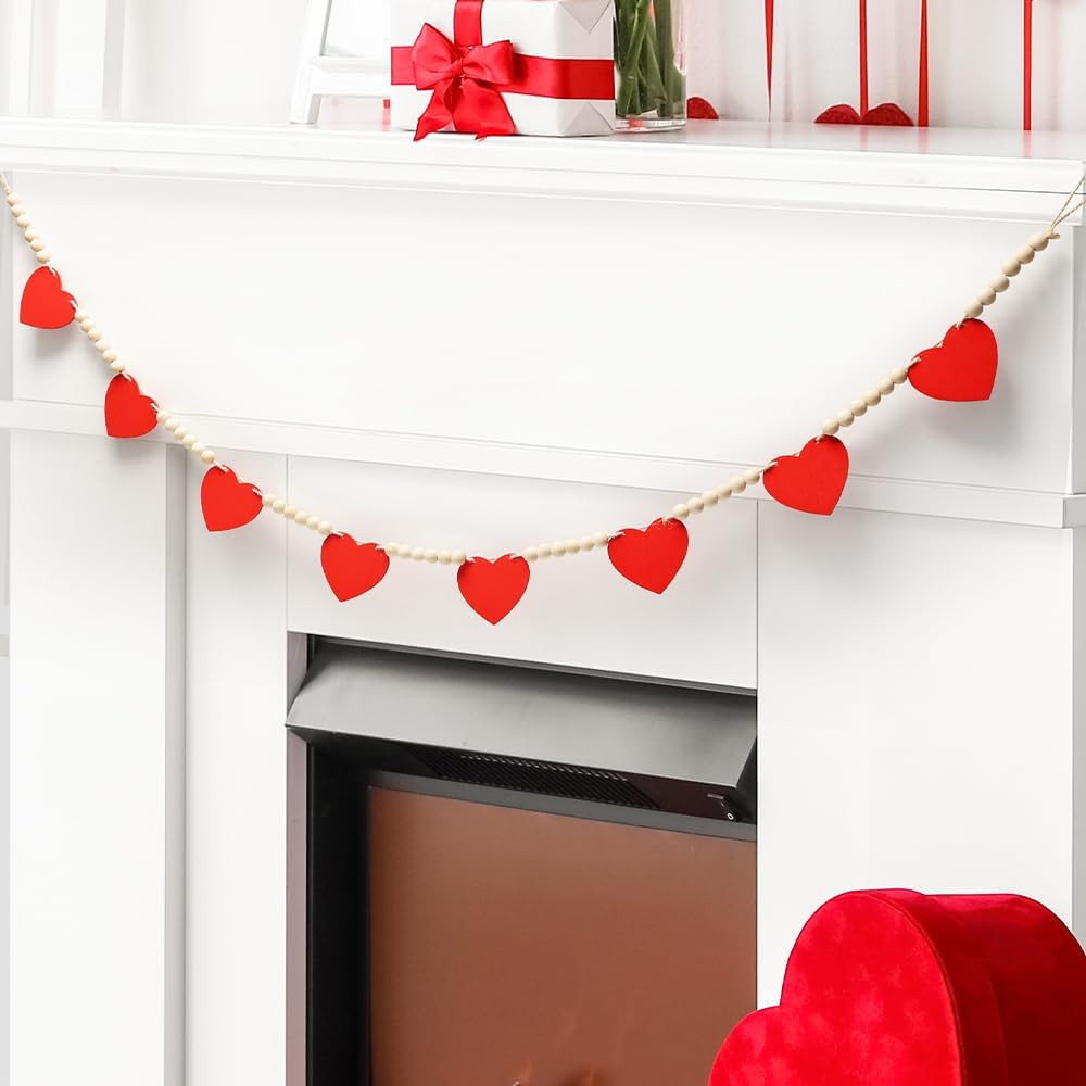 Valentines Day Decorations, Wood Red Hearts with Bead Garland for The