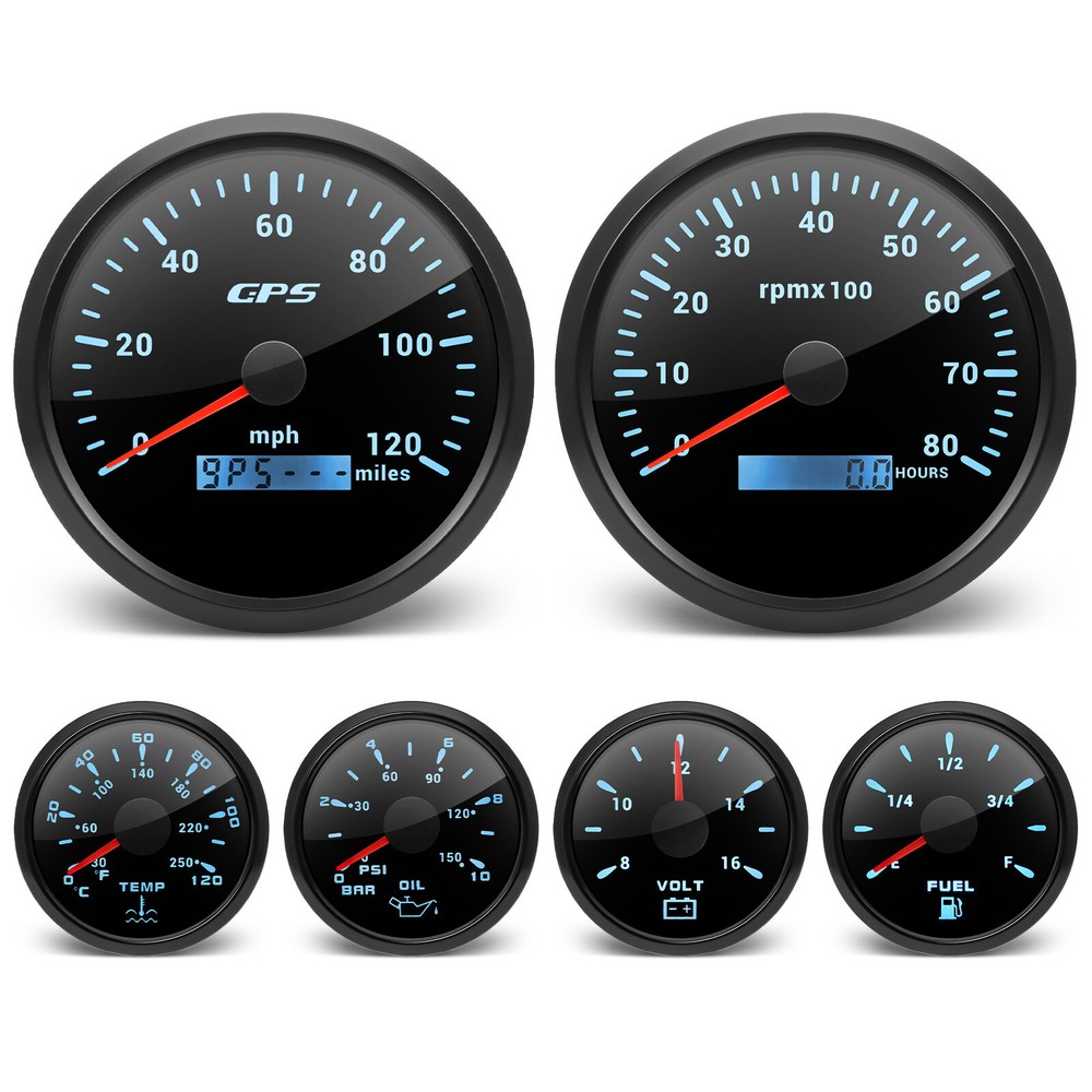6 Gauge Kit with Senders, 110mm GPS Speedometer 0-120MPH & 8000RPM Tachometer
