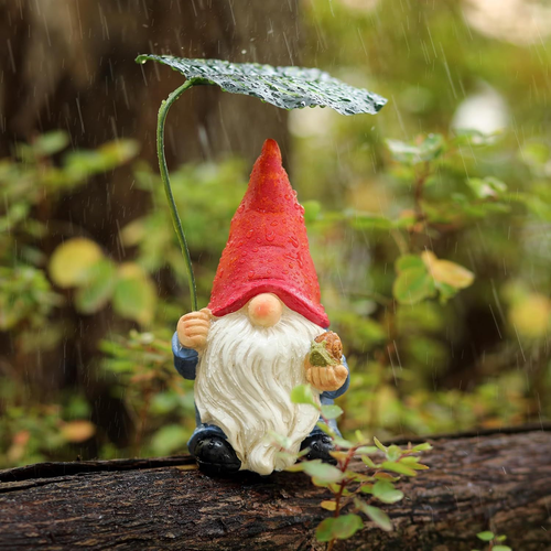 6.5 Inch Red Male Garden Gnome Statue with Leaf Umbrella Decor