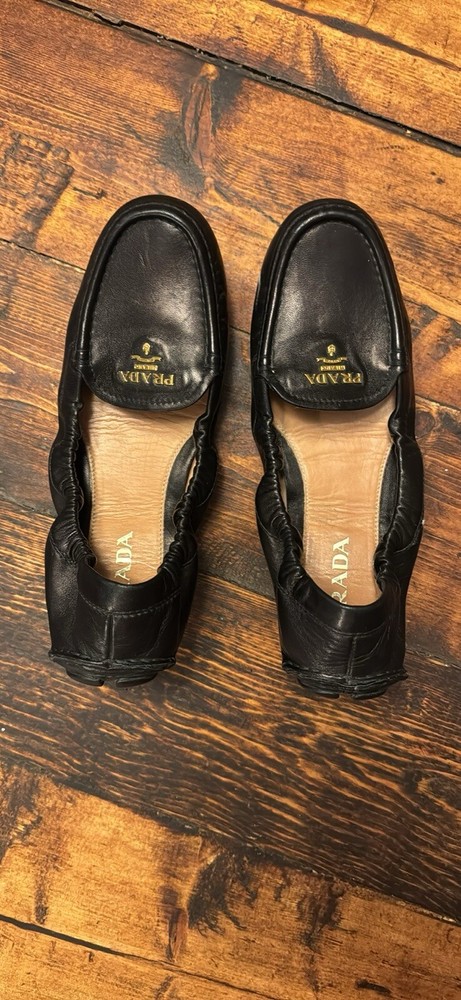Prada Black Leather Loafers Elastic Flats Driving Shoes Size 7 37.5