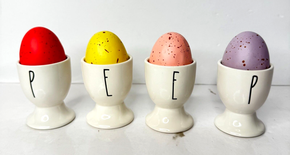 Rae Dunn Artisan Collection by Magenta Set 4 Egg Cup Holders 4 Pastel Color Eggs