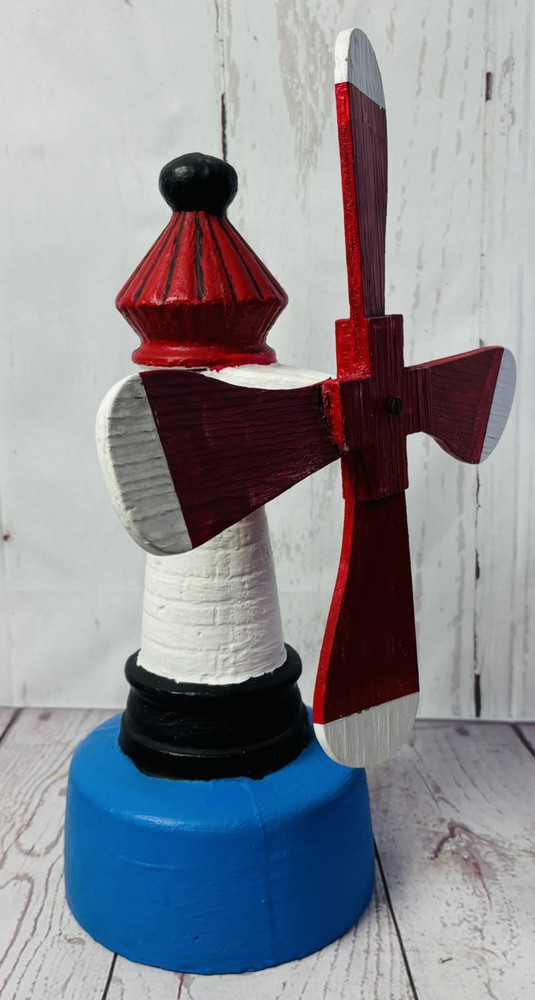 Vintage 15.5 Inch Hand-Painted Concrete Lighthouse and Wood Windmill Outdoor Lawn Decor