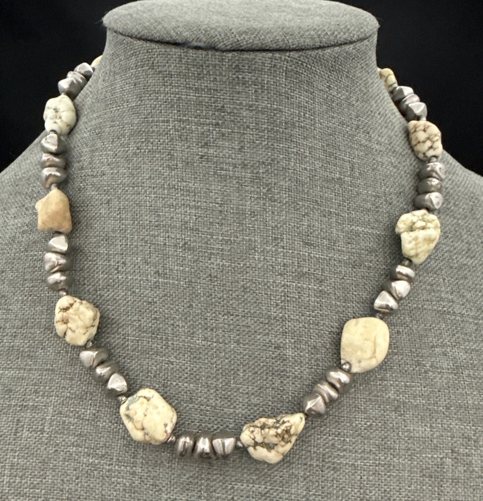 Necklace Off White Green Veins Magnesite Stone Beads 19 Inches See Photos