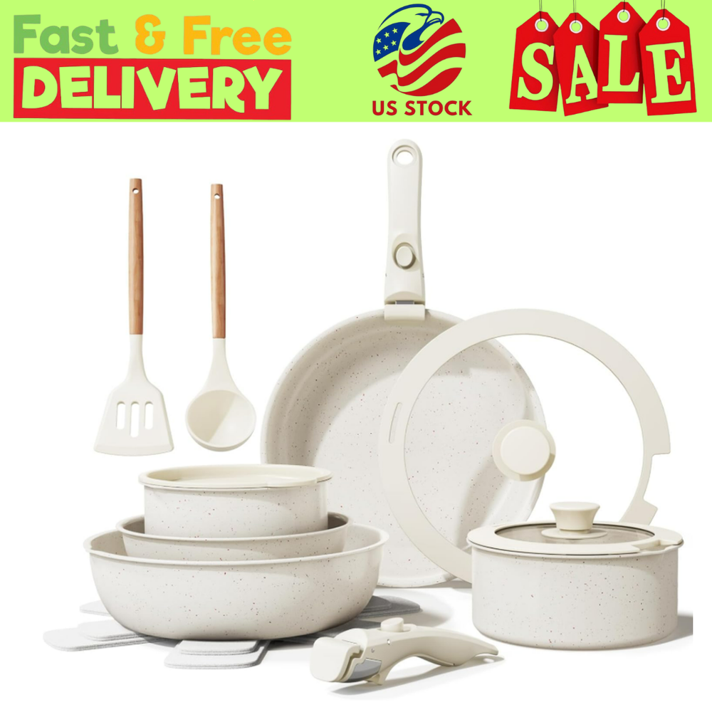 Healthy 17-Piece Cream White Ceramic Nonstick Cookware Set Non-Toxic