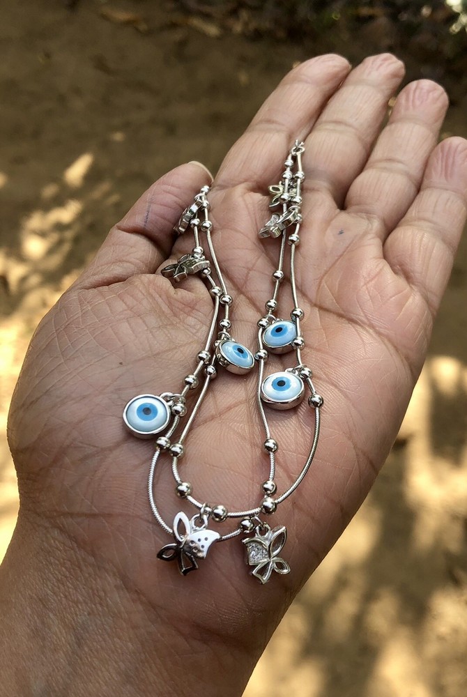 2 Pc 925 Silver Evil Eye Protection Anklet, Amulet Nazariya Mother of Pearl #1
