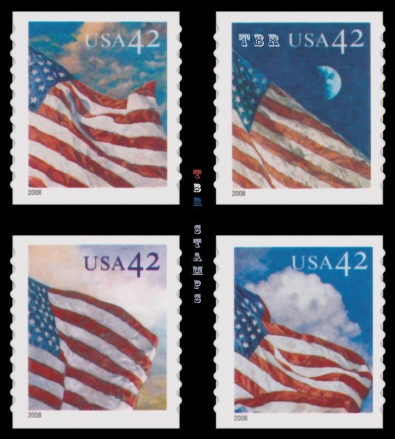American Flags 24/7 Singles Coil Set 4 MNH Collectible Stamps Buy Now-image