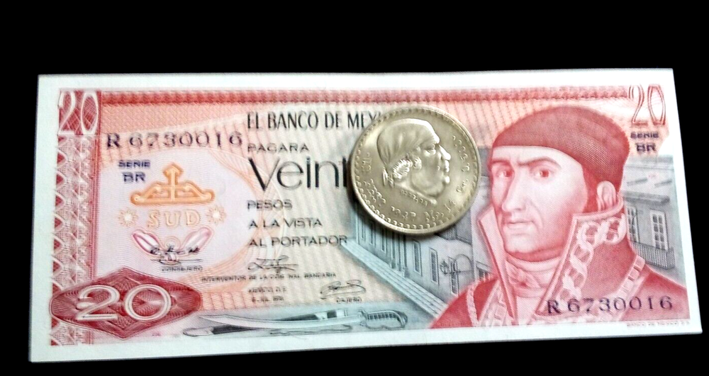 1947 MEXICO  SILVER  UN PESO/20 pesos bank note  MORELOS   COIN/NOTE  UNC