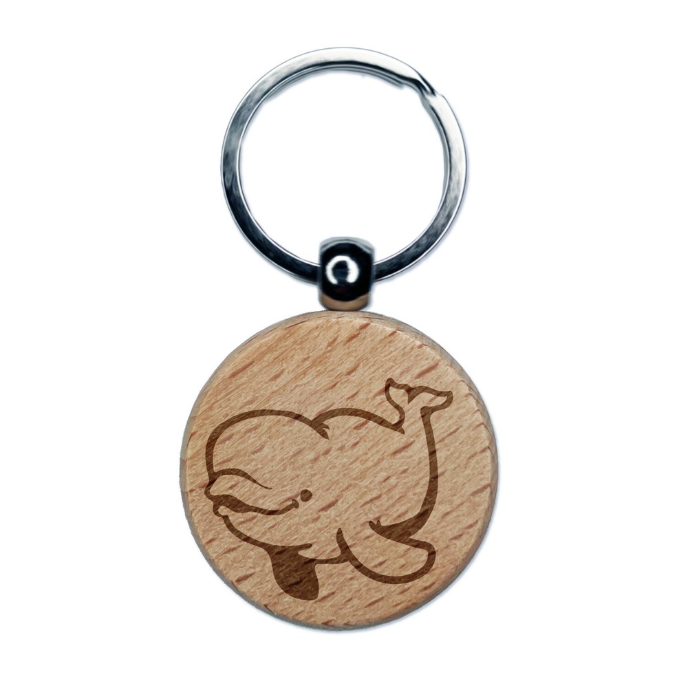 Jolly Beluga Whale Engraved Wood Round Keychain Tag Charm