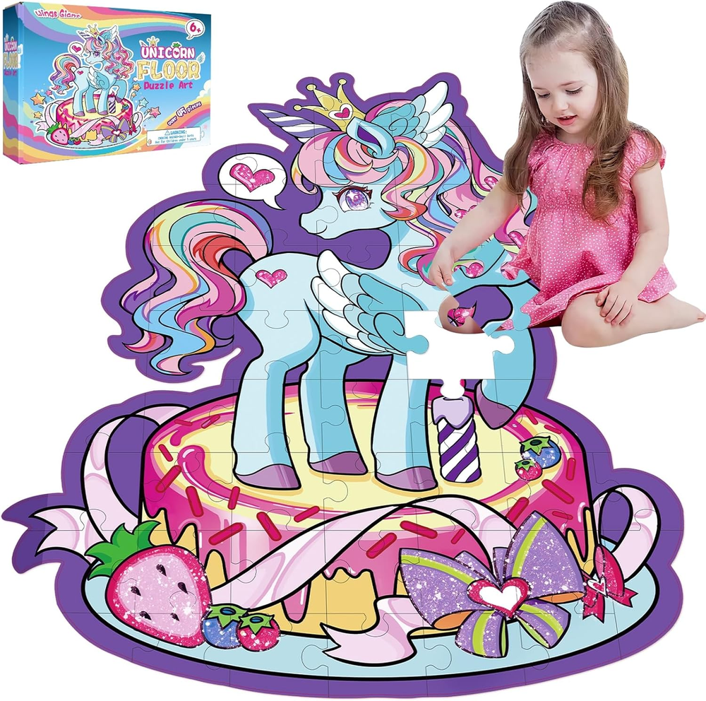 Large Shimmery Unicorn Floor Puzzle for Kids Ages 4-8, 45+ Pieces Large Jigsaw P