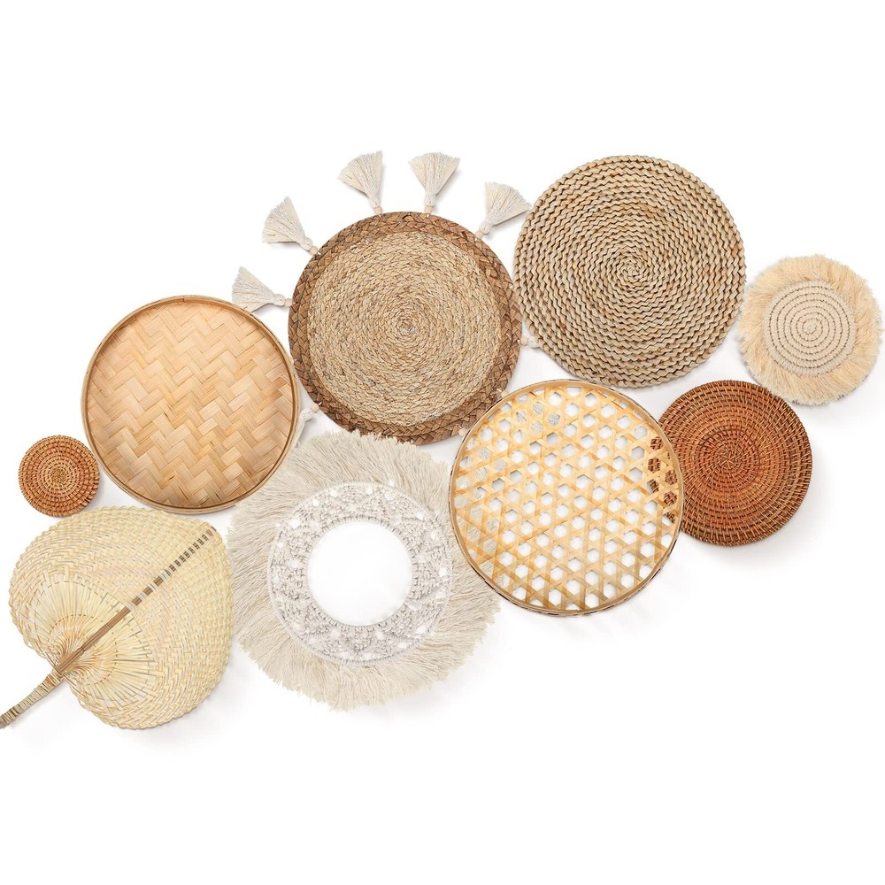Set of 9 Wall Basket Decor Boho Wall Hanging Decor Rattan Wall Decor Flat Rou...
