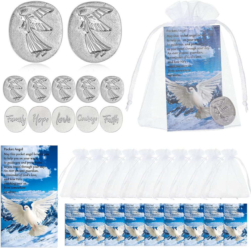 30 Pieces Inspirational Pocket Angel Set Memorial Angel Sign Coins Faith Love Fa