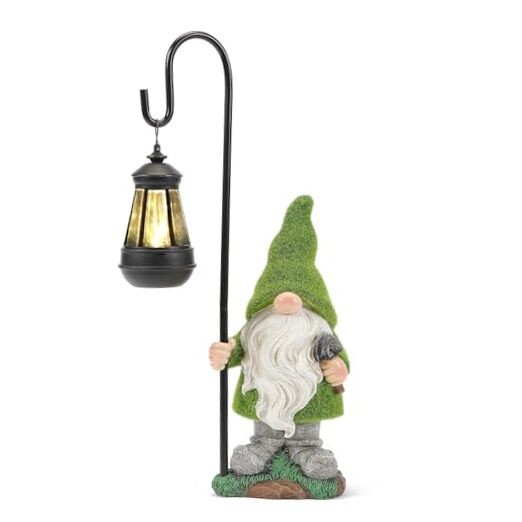 Flocked Garden Gnome Statue, Large Outdoor Gnome with Solar Lights, Funny