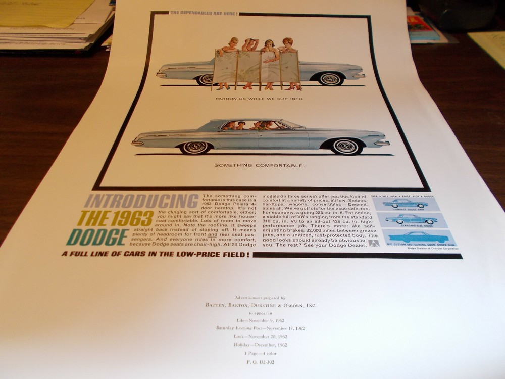 1963 Dodge Magazine Ad Proof / Nice Color/ Rare item!
