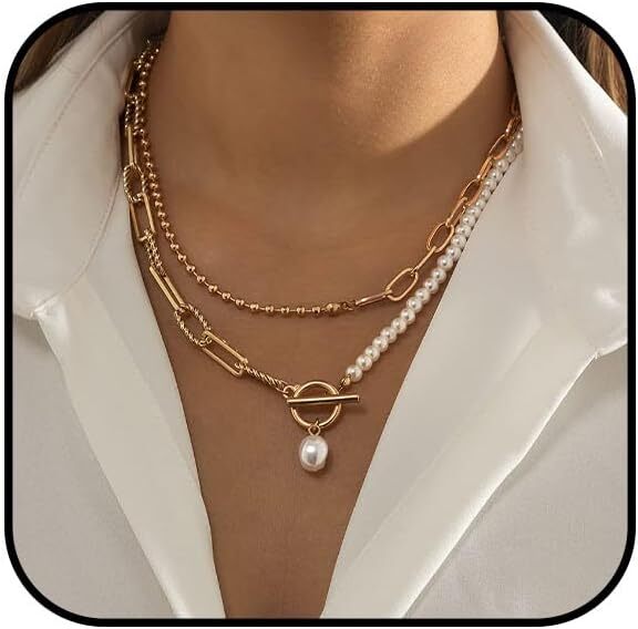 Womens Layered Gold Plated Chain Necklace Pearl Paper Clip Pendant Necklace Laye