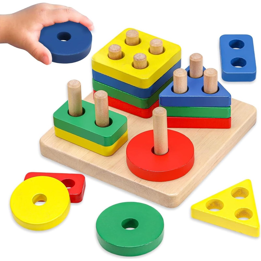 Montessori Toys for Toddlers 1-3, Wooden Sorting & Stacking Shape Sorter