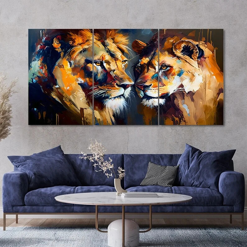 3 Piece Lion and Lioness Painting Style Canvas Wall Art  Unframed Modern Home