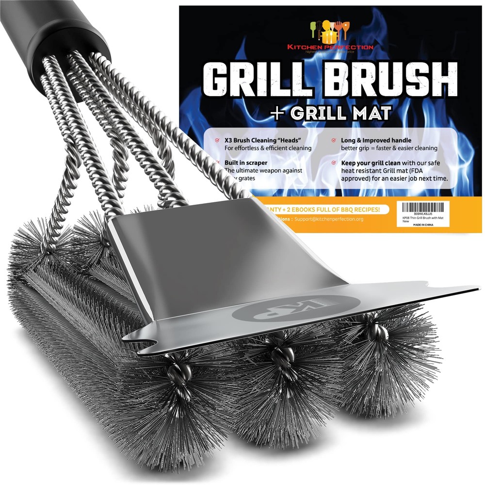 Safe Wire Grill Brush with Scraper and Mat for Outdoor Grill Cleaning