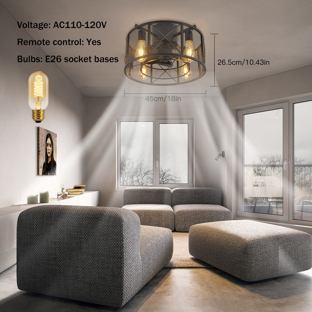Rustic Farmhouse Ceiling Fan Light with Remote Control 3 Speed Metal Cage Lamp  