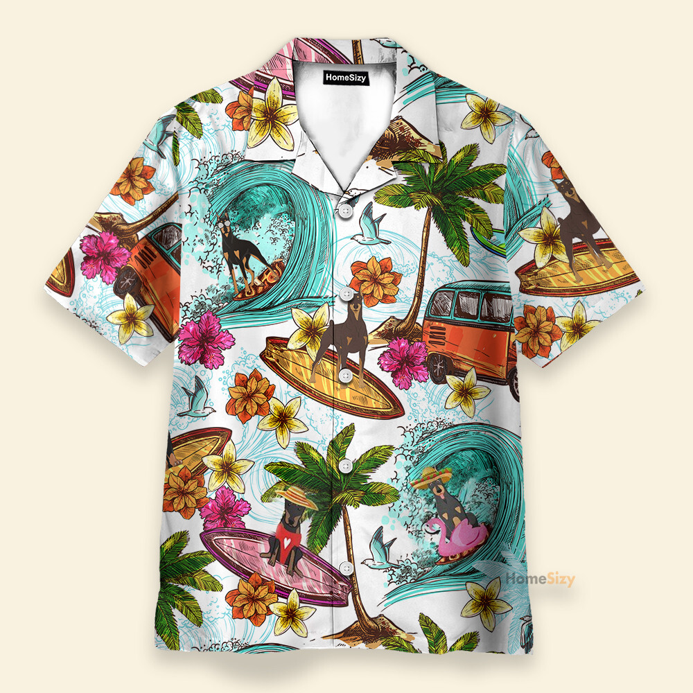 Enjoy Surfing With Doberman Pinscher Dog   Hawaiian Shirt